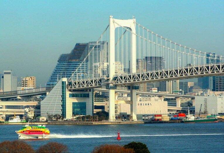 Rainbow Bridge e a região de Odaiba na parte sul de Tóquio