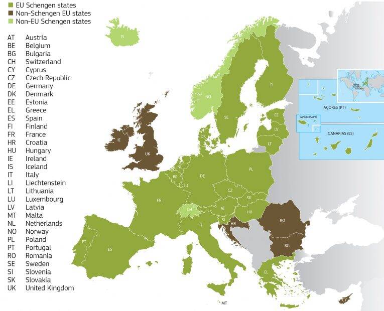 Mapa com os países da Europa e o Tratado de Schengen.